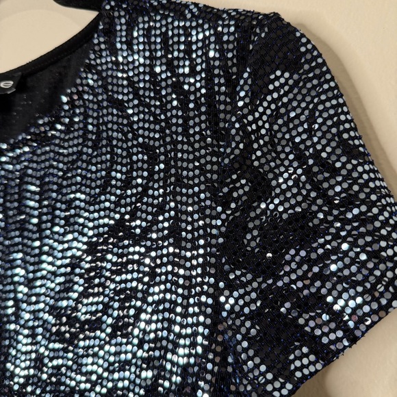 Y2K Bebe Metallic Embellished Zebra Print Short Sleeve Bodycon Dress Blue Black - Picture 5 of 11